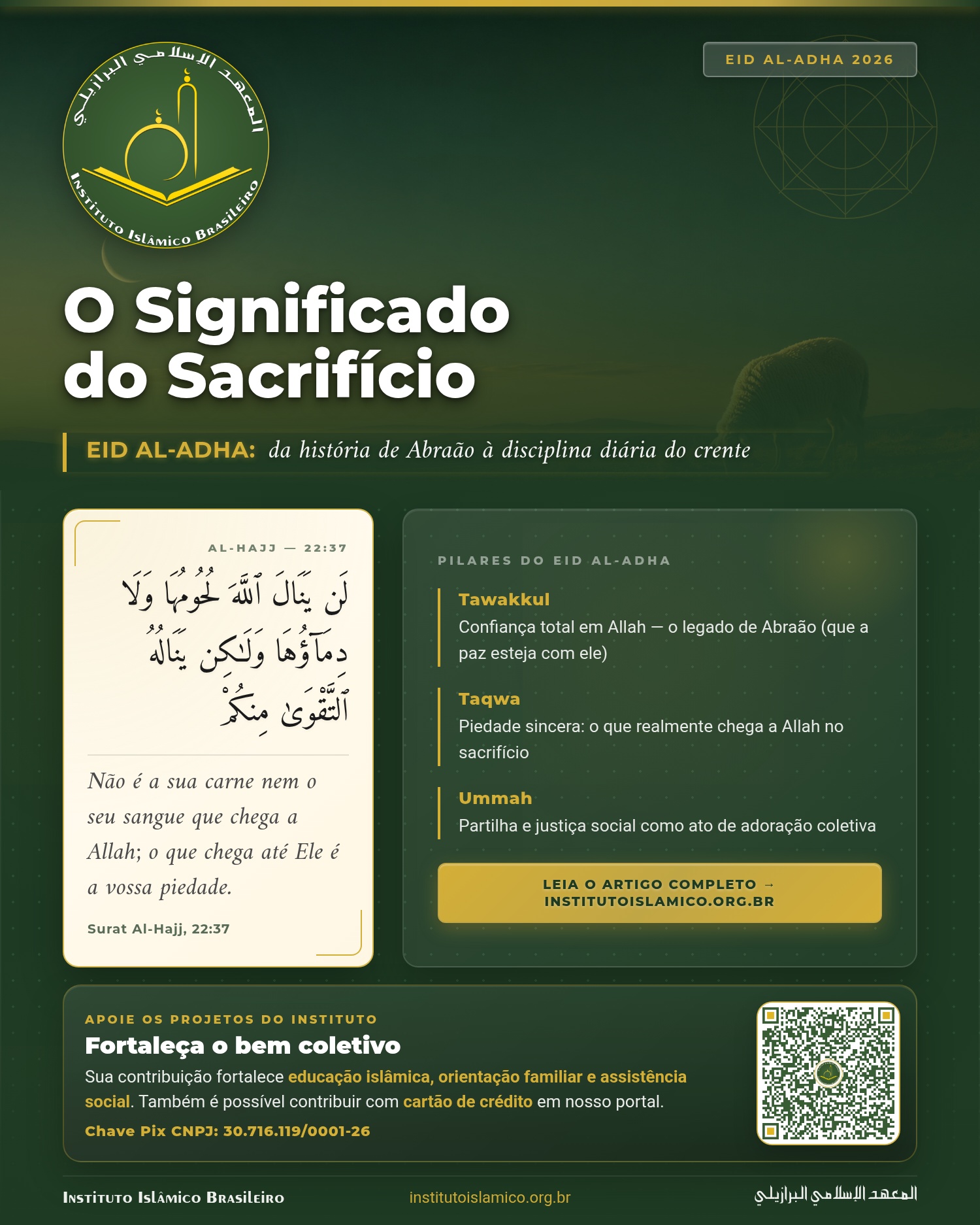 Ovelha pastando em terra dourada ao entardecer, com lua crescente no céu verde-escuro — imagem evocando o espírito do Eid al-Adha
