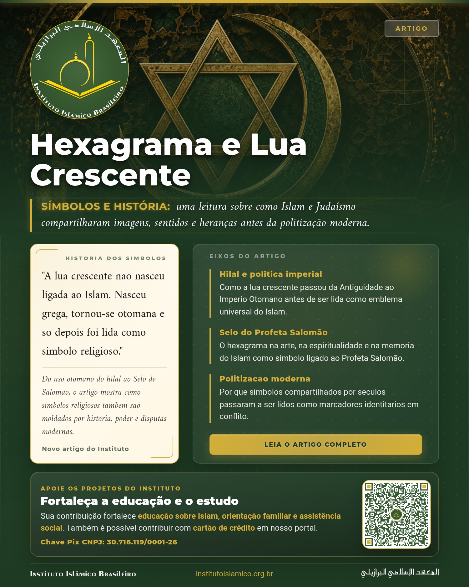 Mesa de madeira clara com livro de capa verde e detalhes dourados, copo de chá âmbar e caderno — composição minimalista evocando reflexão, propósito e espiritualidade islâmica