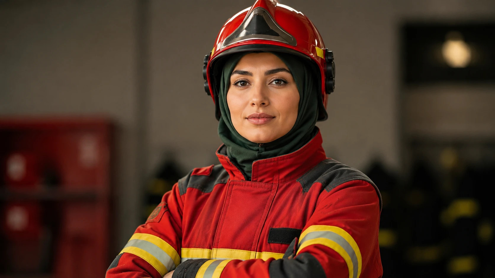 Capacete de bombeiro e hijab verde sobre superfície de madeira, simbolizando a decisão judicial que garantiu o direito de sargento muçulmana usar o véu no Corpo de Bombeiros do RS